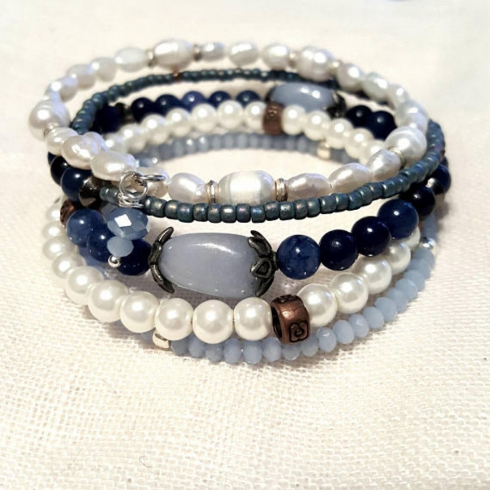 Shabby Chic 5 Layer Pearly Blue Lapis Bracelet - Picture 7 of 8